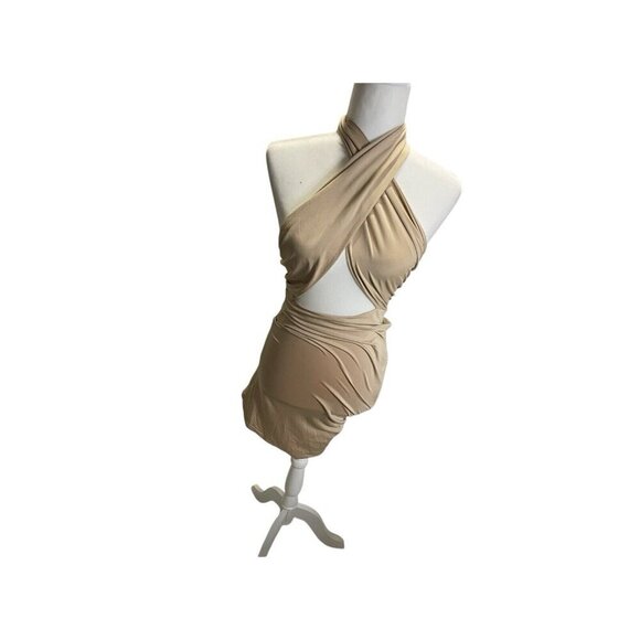 D&M Tan Halter Ruched Mini Cocktail Dress XS Evening Stretch Open Front - Picture 4 of 6